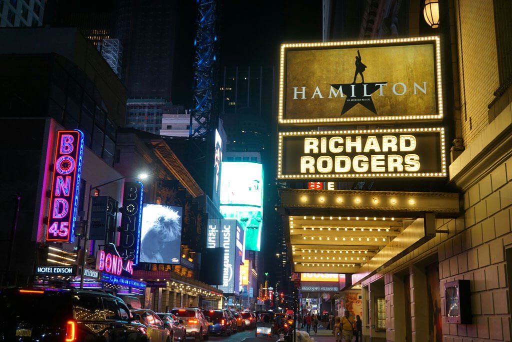 Sign for Hamilton on Broadway, New York The Election of 2024